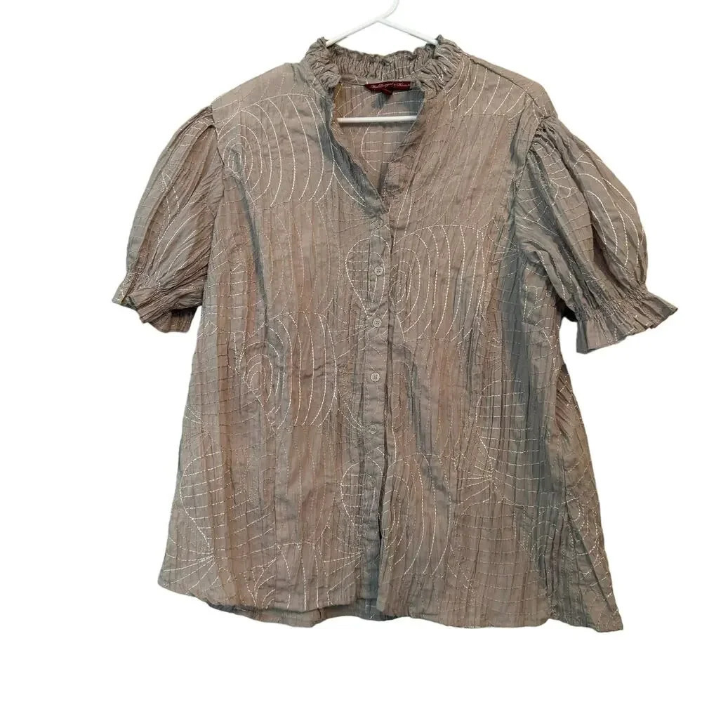 Mac Dougal & Houston Womens Button-Up Top 2X Gray Cotton Puff Sleeves Y2K